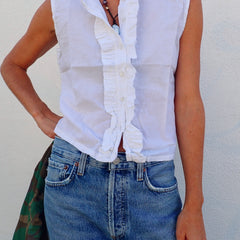 Ruffle Button Tank - White