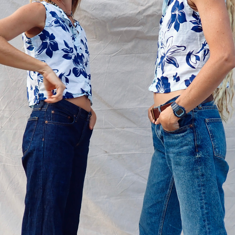 Cotton Button Tank - Blue Hibiscus