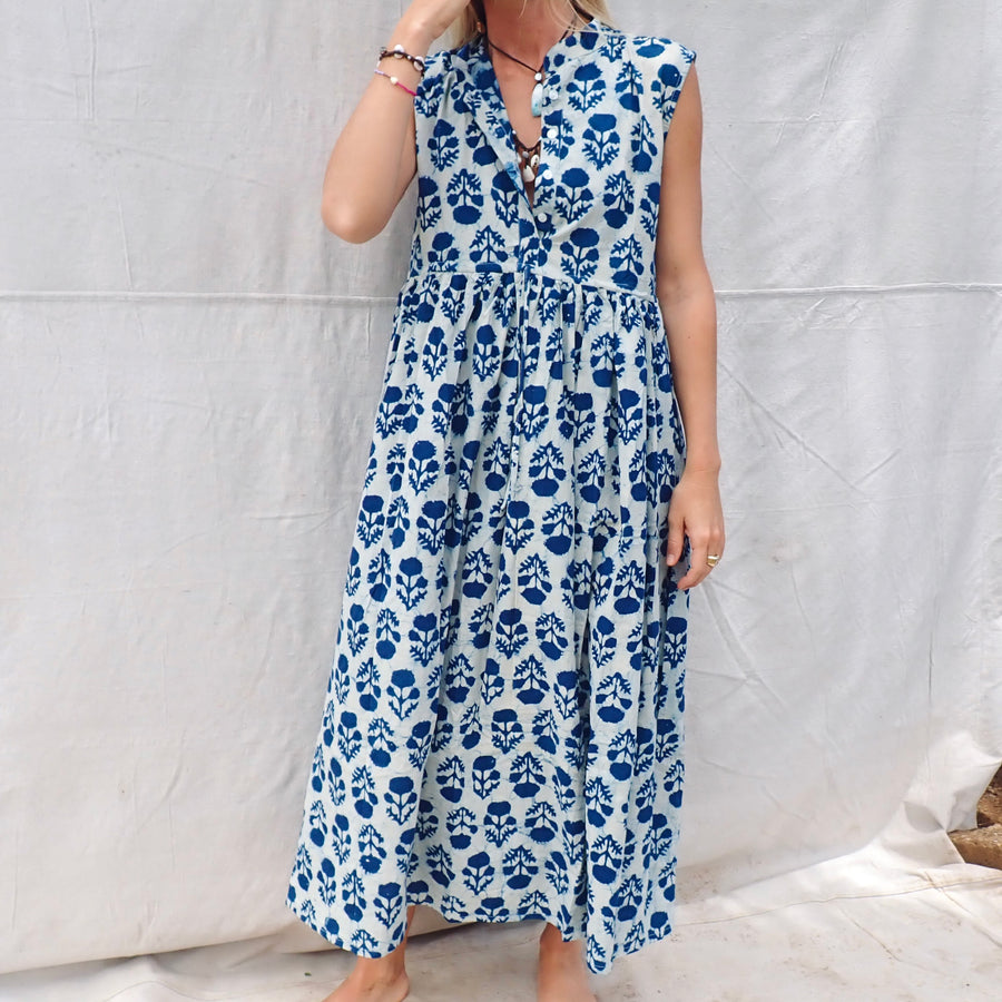 Sleeveless Cotton Dress - Blue Thistle