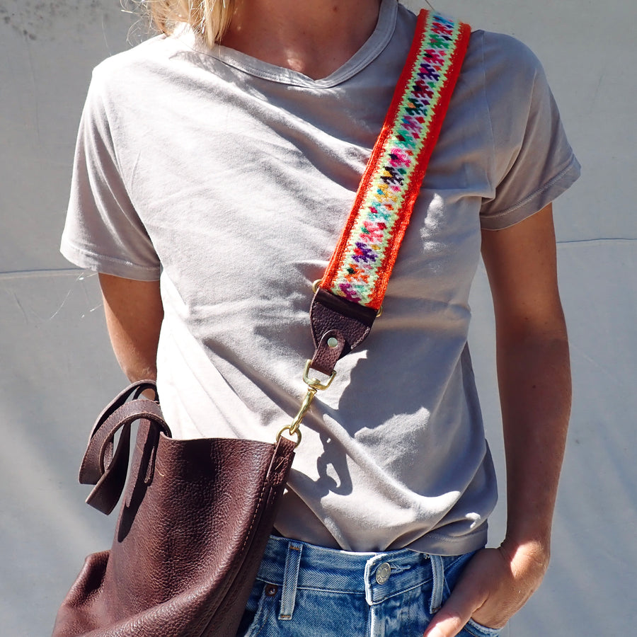 Small Tote Bag with Geometric Wool Strap - Waxed Brown