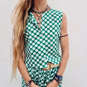 Cotton Button Tank - Green Dot