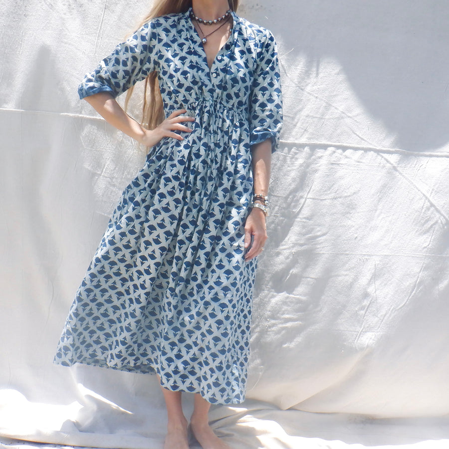 Cotton print Dress - Navy White fan