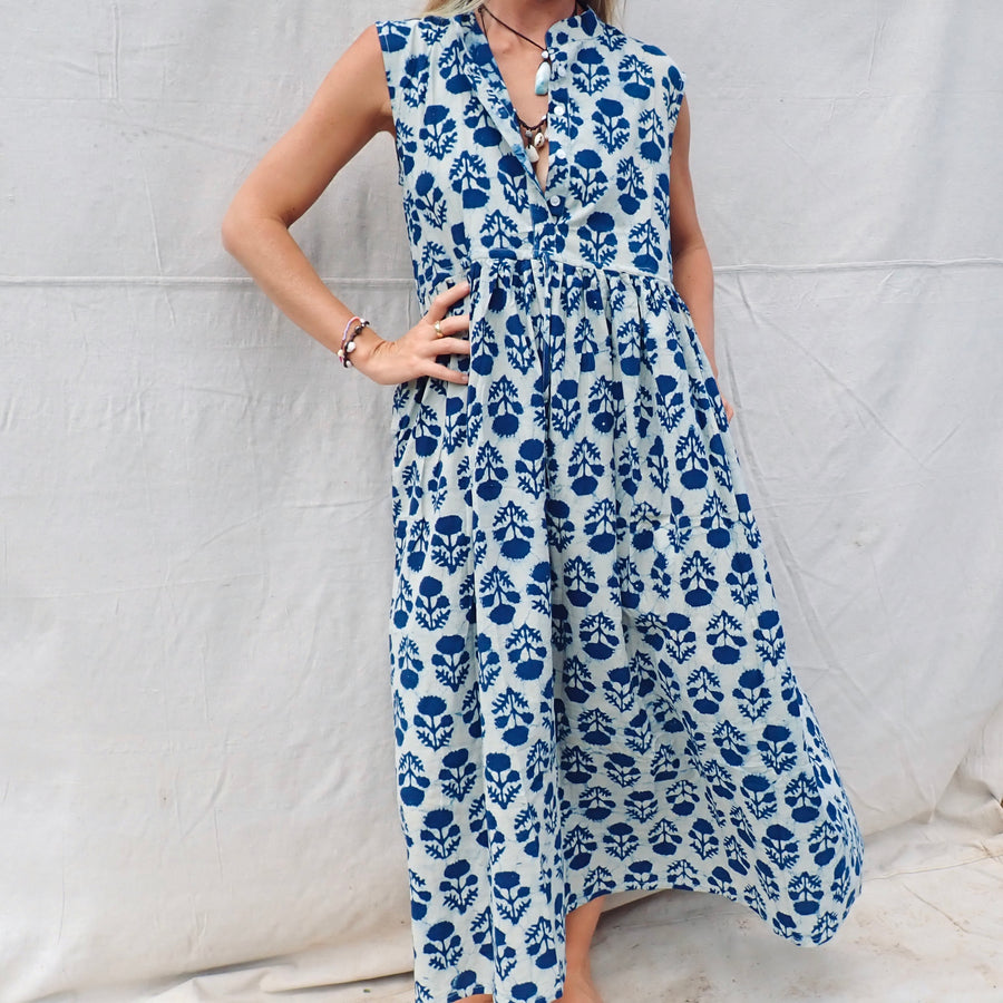 Sleeveless Cotton Dress - Blue Thistle