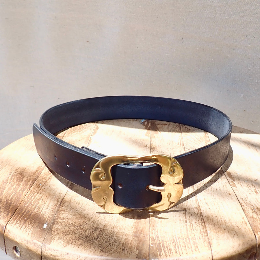 Black Belt - Brass Flower Buckle