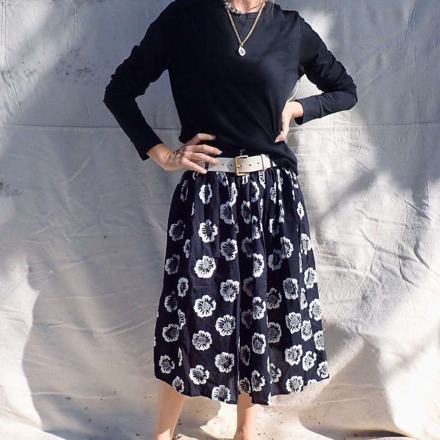 Cotton Print Skirt - Black Hibiscus