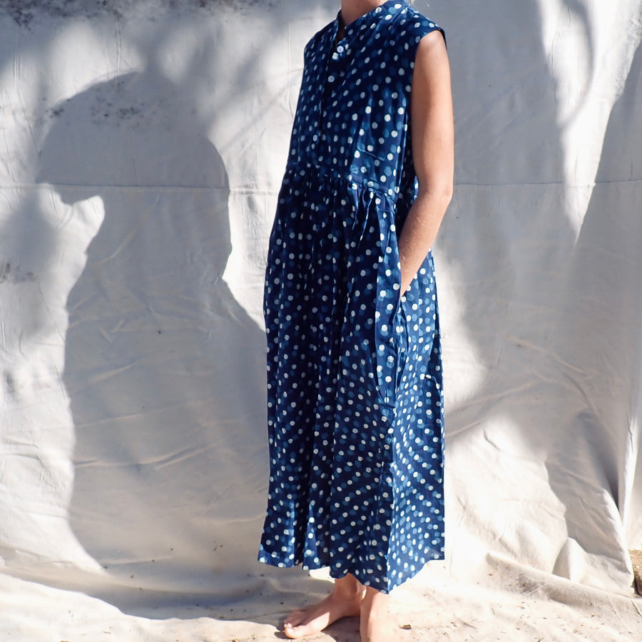 Sleeveless Cotton Dress - Blue Polka Dot