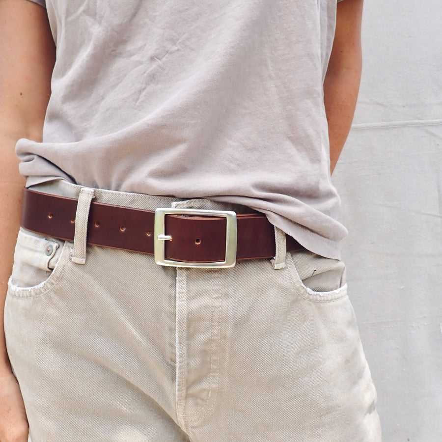 Belt w Rectangle Buckle - Sterling Silver/Brown