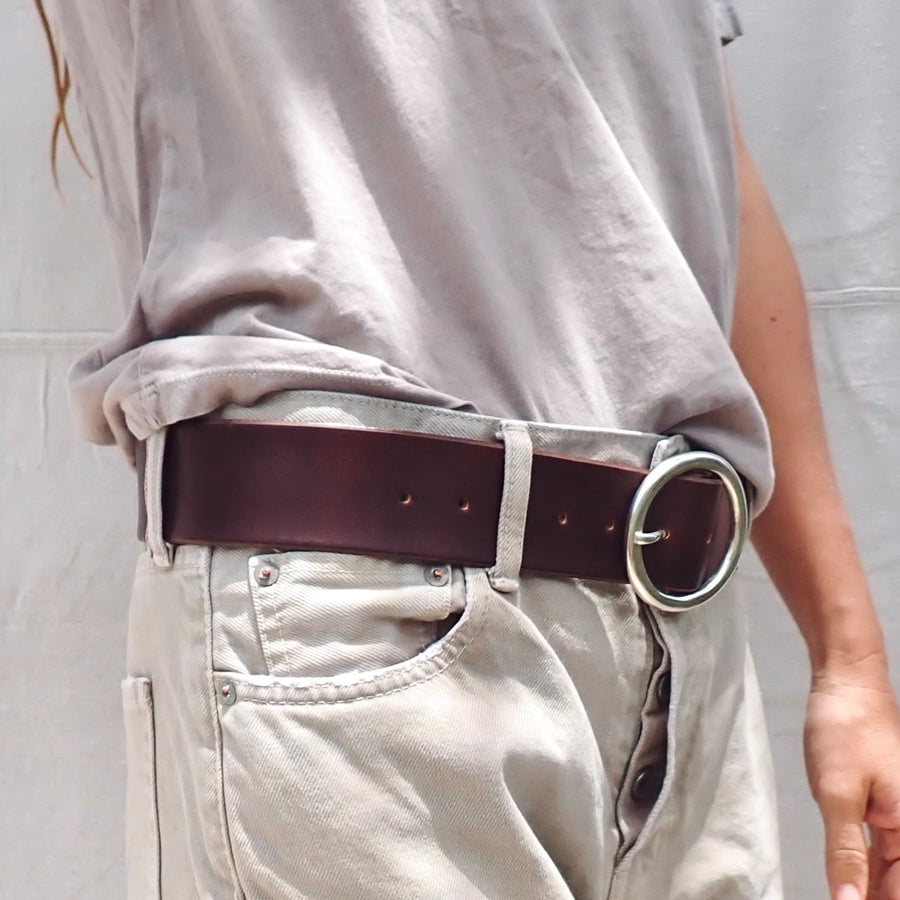 Belt w Large Round Buckle - Sterling Silver/Brown