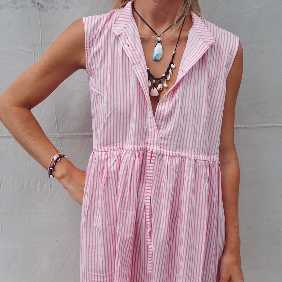 Sleeveless Cotton Dress - Pink Stripe