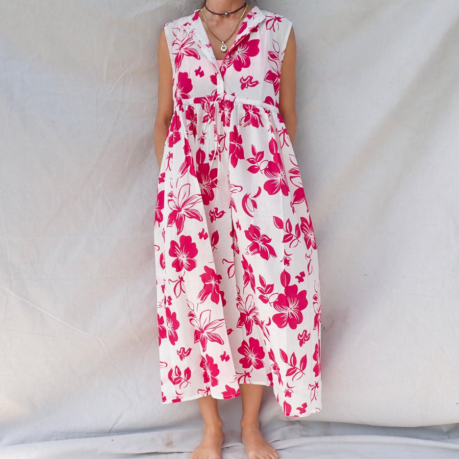 Sleeveless Cotton Dress - Big Hibiscus
