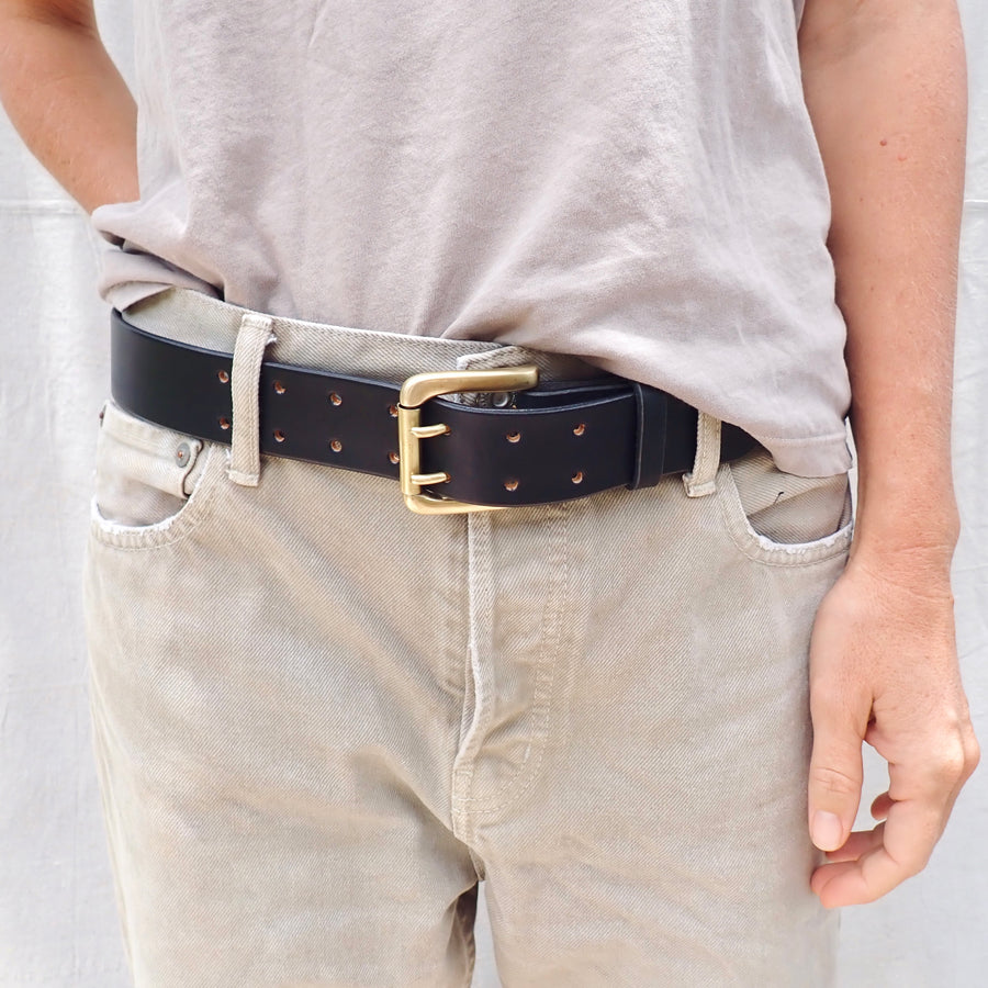 Belt w Double Prong Buckle - Brass/Black