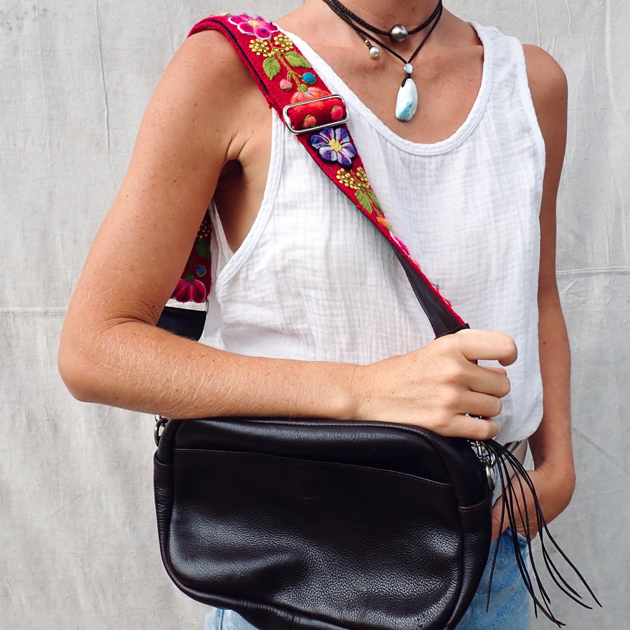 Crossbody w/ Flower Strap- Extra Dark Brown