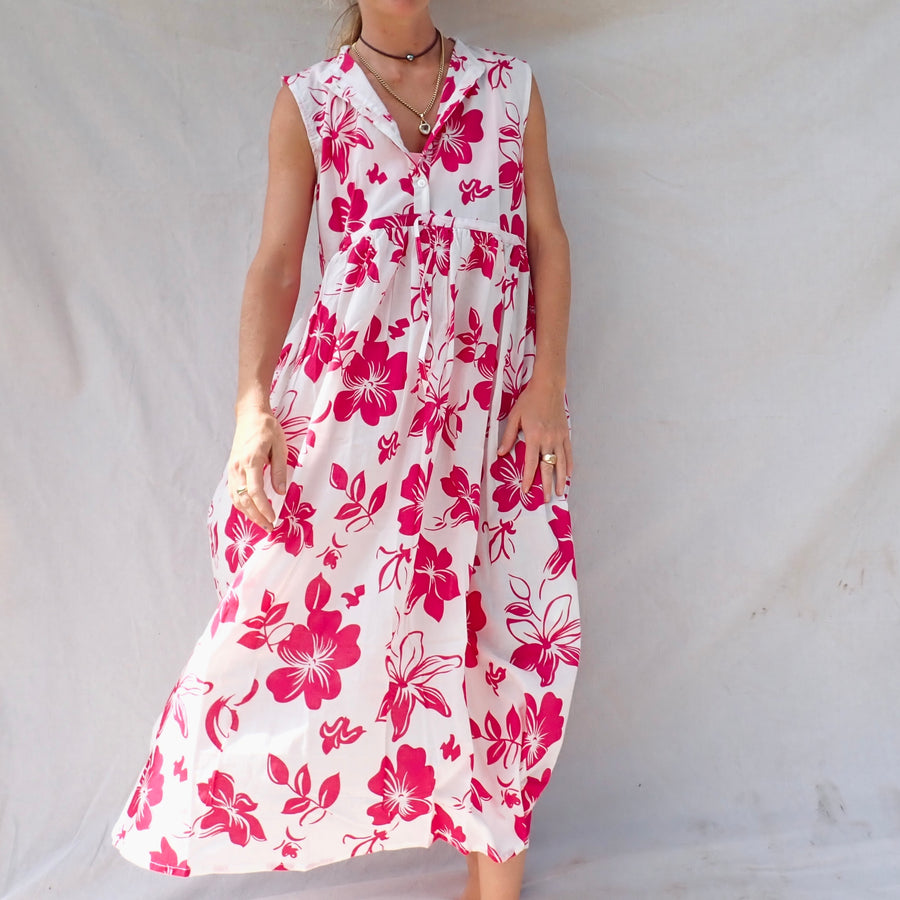 Sleeveless Cotton Dress - Big Hibiscus