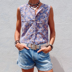 Cotton Button Tank - Blue Rose