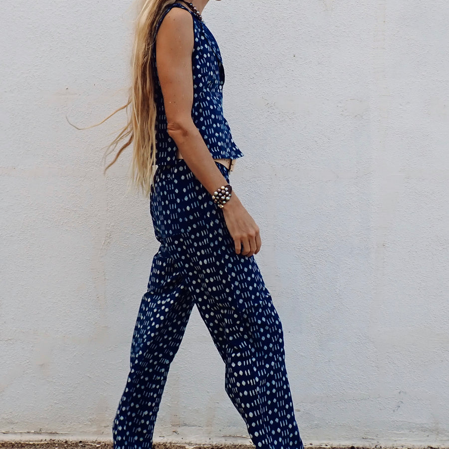Wide Leg Cotton Pant - Indigo Geo