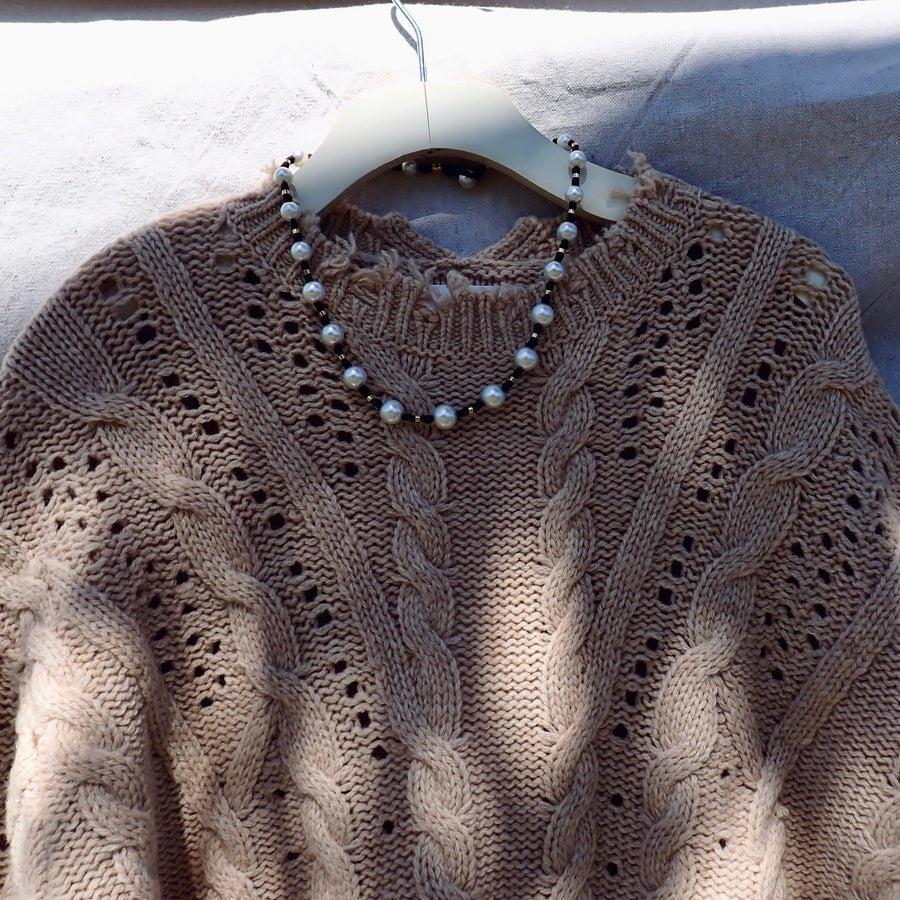 Wave Hem Cable Top - Beige