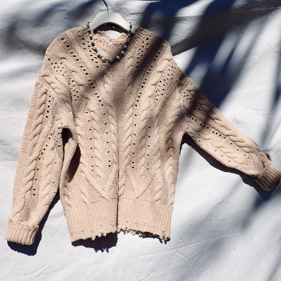 Wave Hem Cable Top - Beige