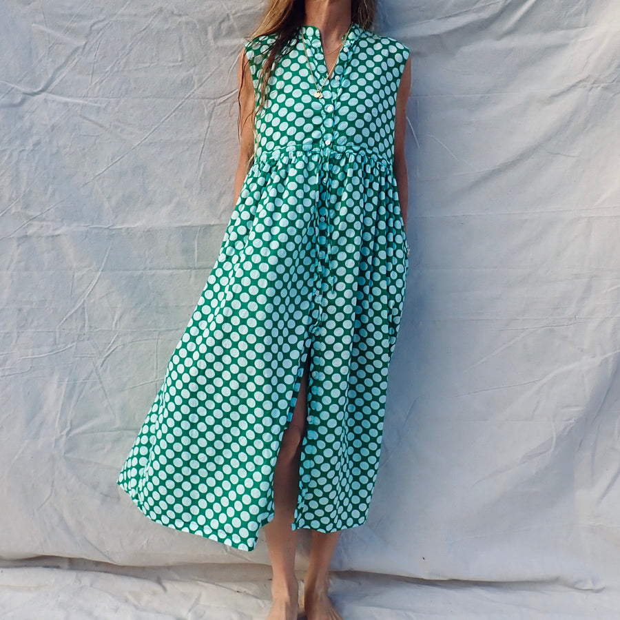 Sleeveless Cotton Buttondown Dress - Green Dot