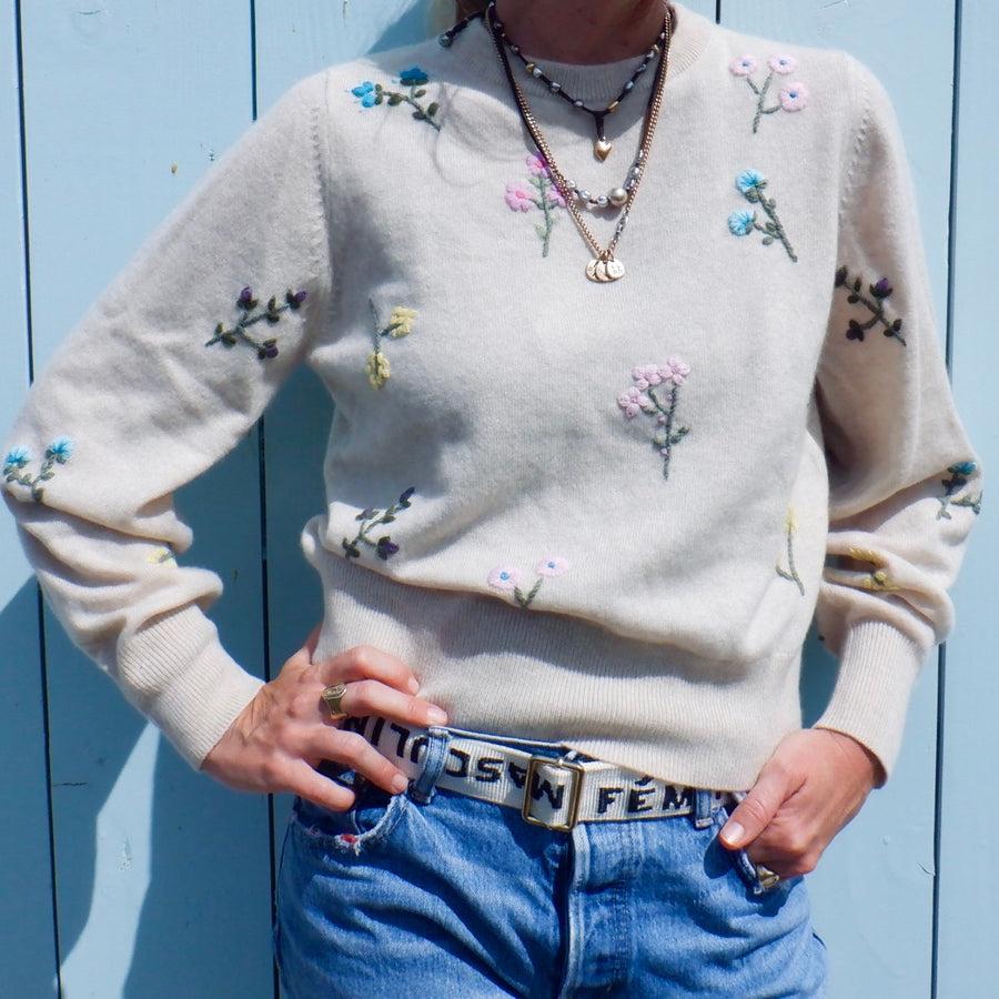 Embroidered Floral Crew Neck - Champagne
