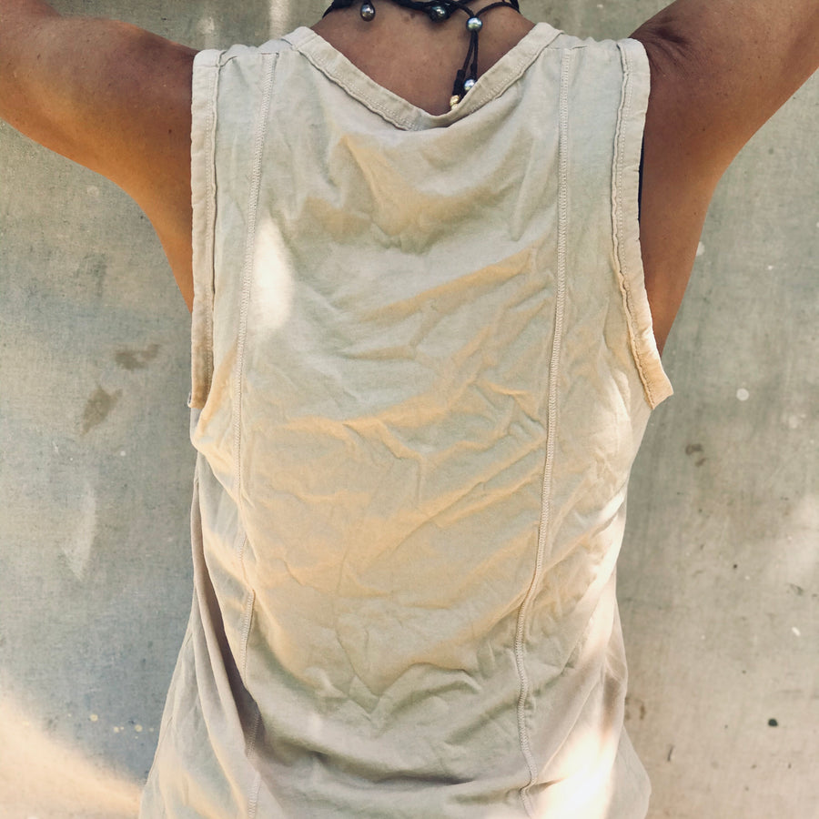 V Neck Tank with Double Back Seam - Sand
