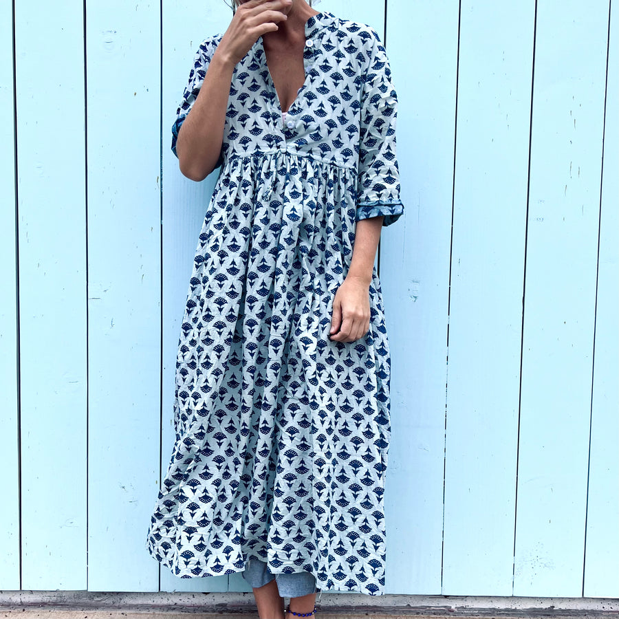 Cotton print Dress - Navy White fan