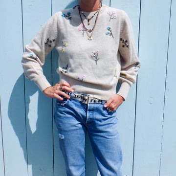 Embroidered Floral Crew Neck - Champagne